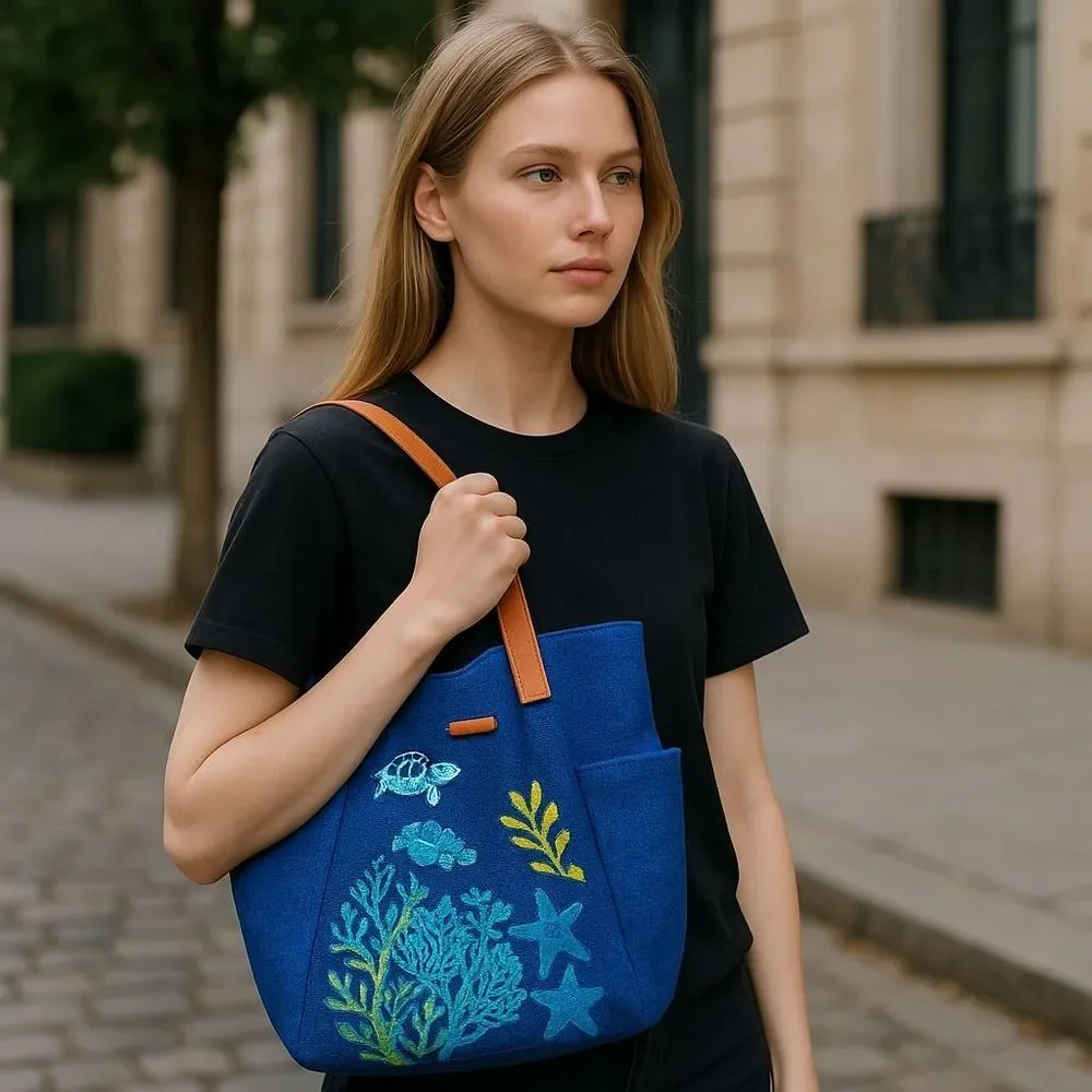 Vera Bradley Large Bag North South Straw Tote Blue Lyst Beach Bag Embroidered - Picture 15 of 15